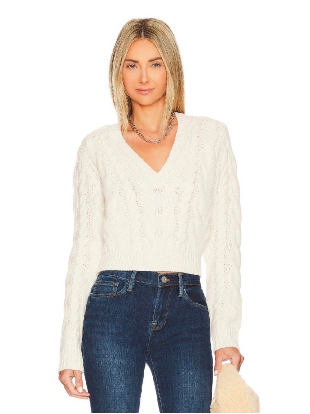 Frame Cropped Cable V-Neck in Off White XS